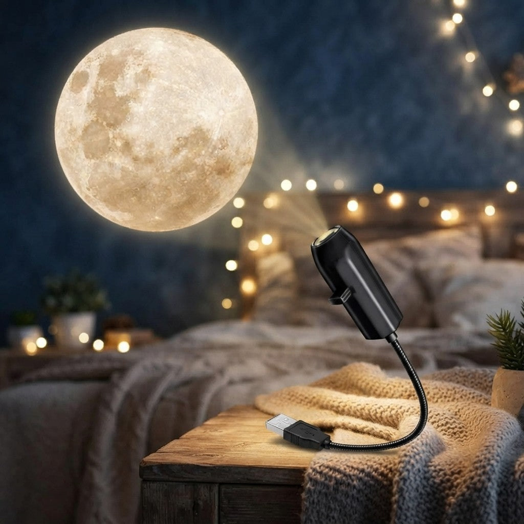 Projector on a nightstand in a cozy bedroom