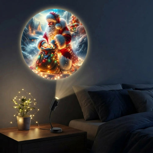 Projector showing a Santa and reindeer scene in a bedroom